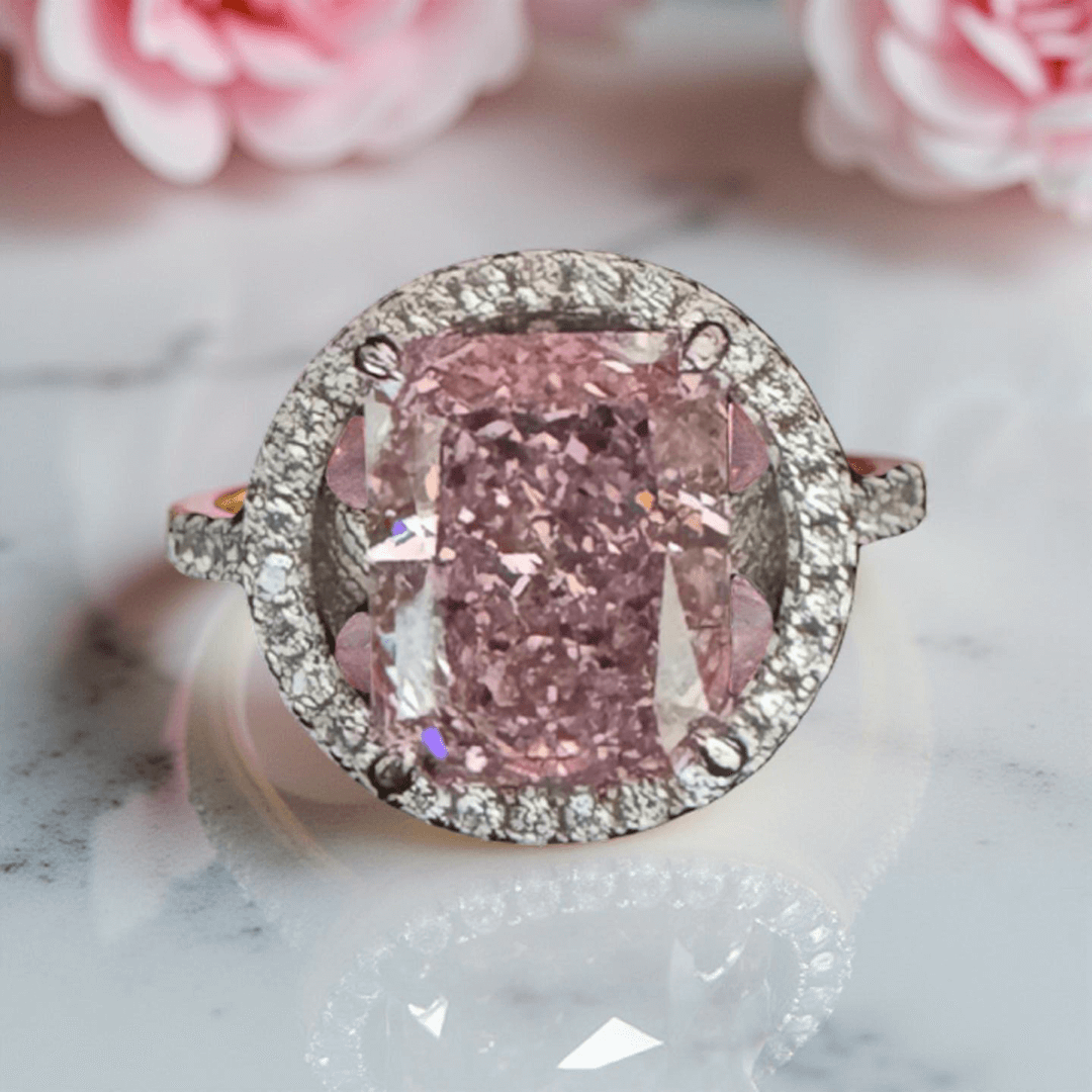 RECTANGLE PINK GEMSTONE WITH DIA BAND AND HALO - Mon Tresor